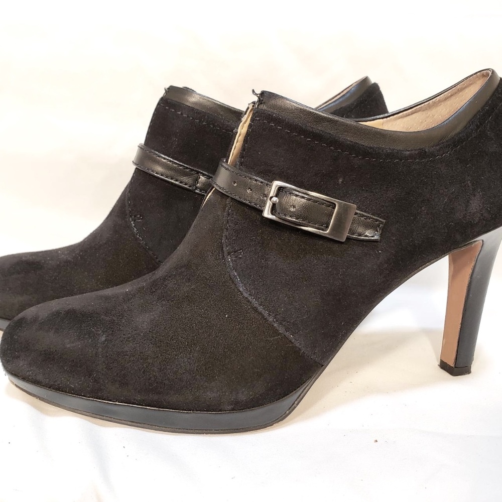 Franco Sarto Sz 9.5M Serene Black Suede Ankle Bootie Women’s Leather Heel Boot